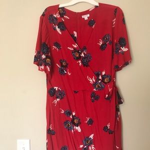 Red Floral faux wrap dress